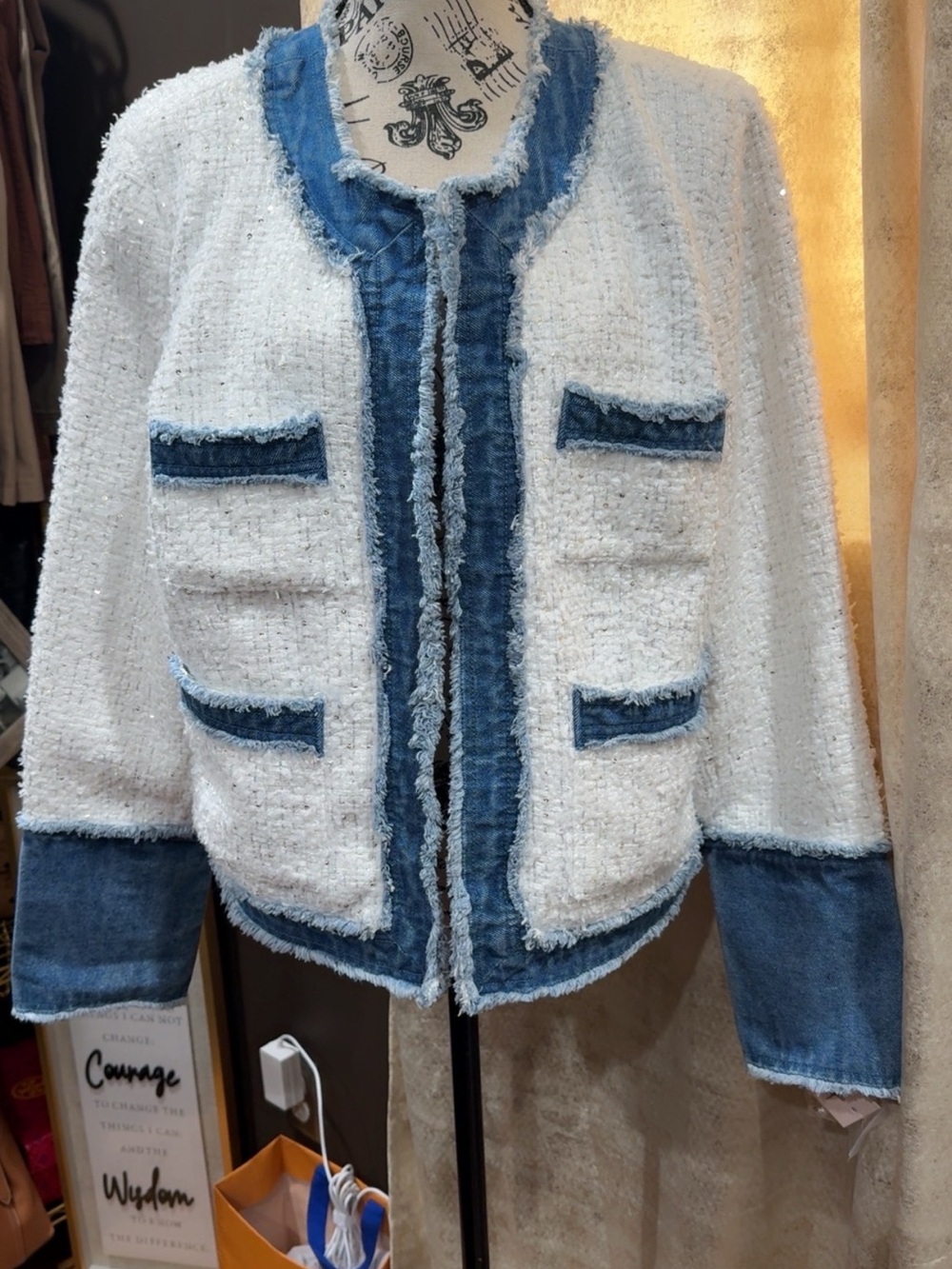 Nanette Lepore White Tweed Jacket with Blue Denim Trim